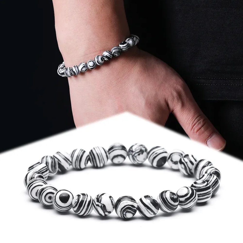 8mm White & Black Malachite Natural Stone Beaded Bracelet NEW